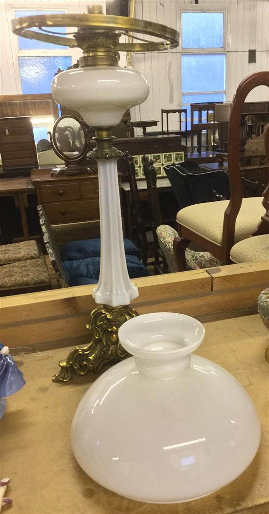 A late Victorian ormolu and opaline glass oil lamp, overall 27.5in.